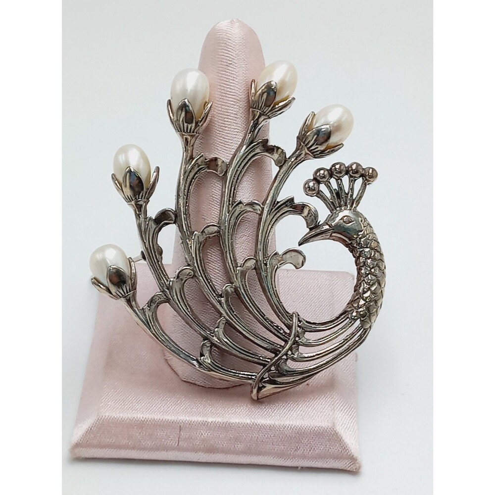 Sterling Silver Peacock Brooch Pin with Cultured Pearls 925
